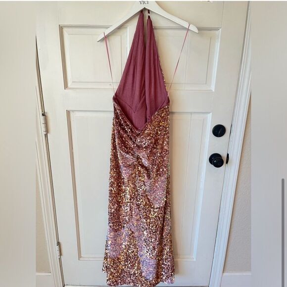 NWT Free People Glitter and Gold Sequin Pink Sweetheart Halter Velvet Slit dress - Picture 4 of 5